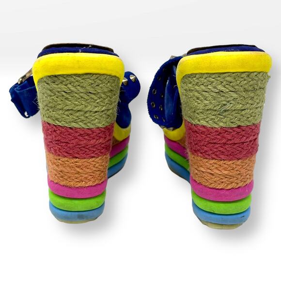 00s MDH Vintage Blue Yellow Platform Espadrille Wedge Heels - Picture 6 of 11